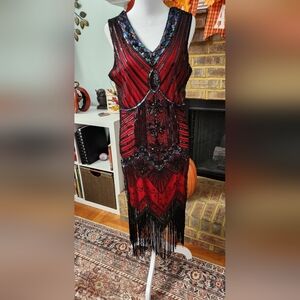 Red and Black Beaded Fringe Dress.